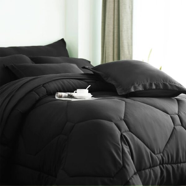 8 PCS Modern Comforter Set with Sheets All Season Bed in a Bag, Black, Queen Size