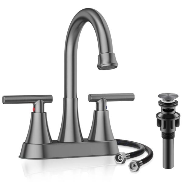 Bathroom Faucets 4 Inch Matte Black Bathroom Sink Faucet, Stainless Steel Lead-Free 2-Handle Centerset Faucet with Pop-up Drain and 2 Supply Hoses Fits 2 or 3-hole Sink