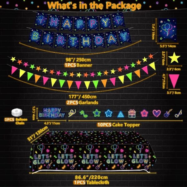 SKYSONIC 241 PCS Glow Neon Party Supplies Set Including Neon Glow Tableware, Neon Balloons, Glow in The Dark Birthday Banner, Hanging Stars, and Cake Toppers for Party Decoration Serving 20 (Glow