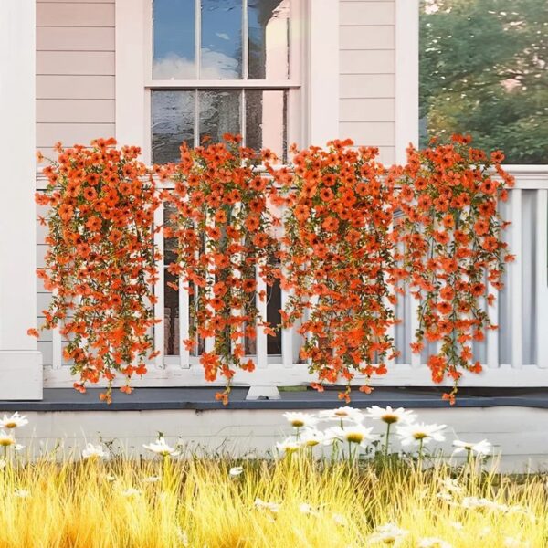 4PCS Artificial Flowers outdoor Spring Summer Decor Fake Hanging Plants UV Resistant Faux Plastic Greenery Hanging Flowers for Outside Gardens Porch Wall Home Indoor,ORANGE&YELLOW