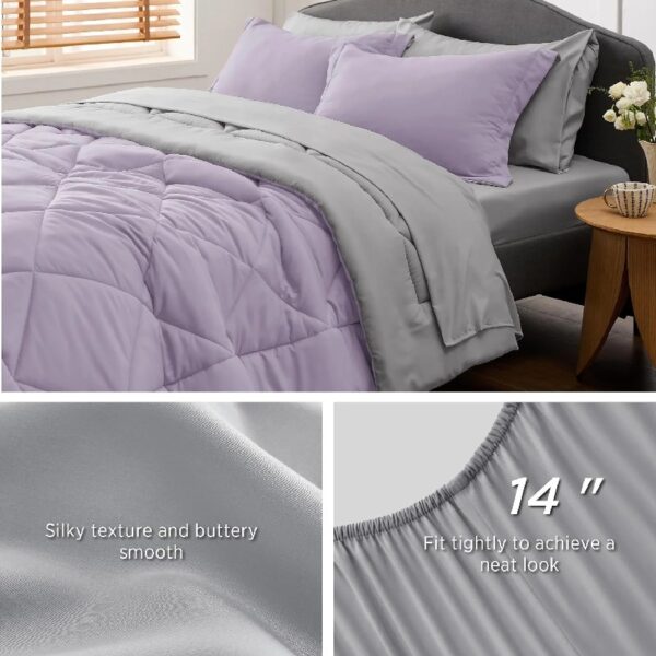 Light Purple Queen Comforter Set - 7 Pieces Reversible Queen Bed in a Bag, Queen Bed Set Light Purple and Grey with Comforters, Sheets, Pillowcases & Shams