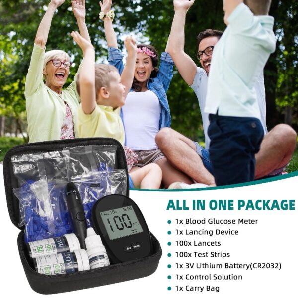 Blood Glucose Monitor Kit, 100 Glucometer Strips, 100 Lancets, 1 Blood Sugar Monitor, 1 Control Solution, Lancing Device and Carrying Bag