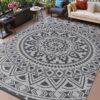 Outdoor Rugs 5' x 8' Rug, Waterproof Patio Mat, Stylish Plastic Straw Reversible Area Rug for Picnic RV Camping Porch Balcony, Black and White