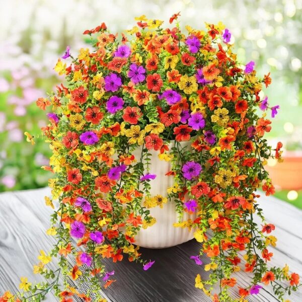 4PCS Artificial Flowers outdoor Spring Summer Decor Fake Hanging Plants UV Resistant Faux Plastic Greenery Hanging Flowers for Outside Gardens Porch Wall Home Indoor,ORANGE&YELLOW