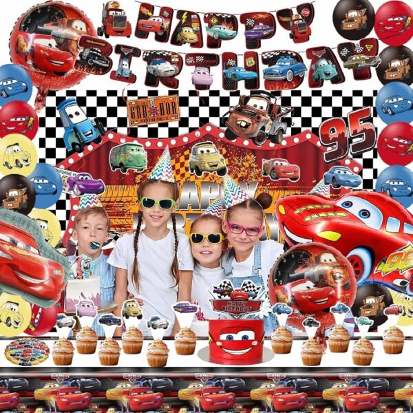 Guvpev Lightning Mcqueen Birthday Decorations, Cartoon Cars Theme Party Supplies Include Birthday Banner, Hanging Swirls, Cake Toppers, Latex Balloons, Foil Balloons, Backdrop, Tablecloth, Stickers
