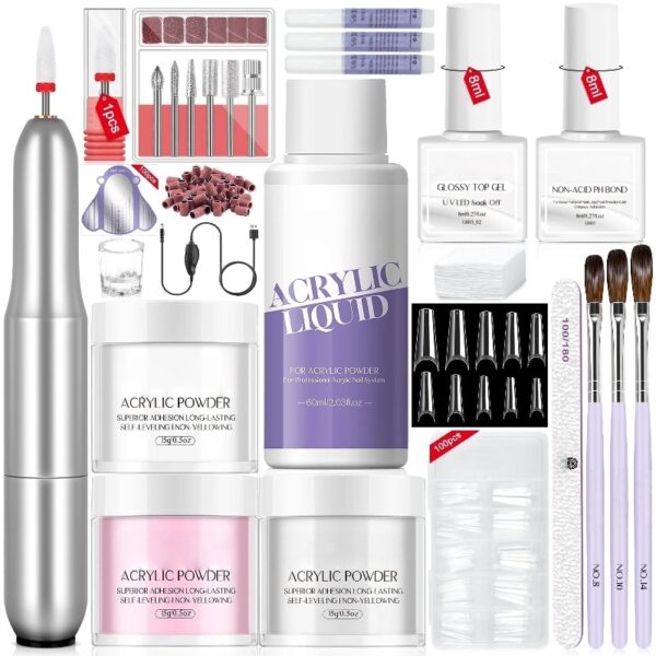 Acrylic Nail Kit Complete Set with Drill - White/Pink/Clear Acrylic Powder and Acrylic Liquid Set with Acrylic Nail Brush, Electric Nail Drill, Acid-Free Primer and Top Coat with Everything