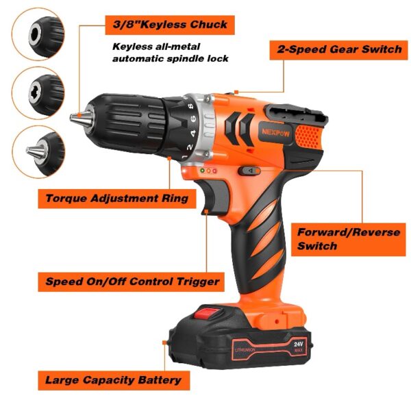 24V Cordless Drill-Brushless Power Drill Set, 3/8