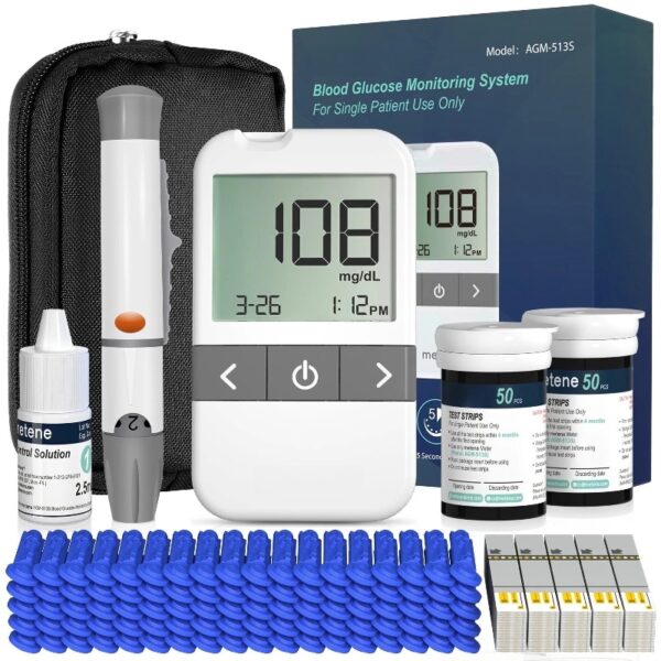 AGM-513S Blood Glucose Monitor Kit, 100 Glucometer Strips, 100 Lancets, 1 Blood Sugar Monitor, 1 Control Solution, Lancing Device and Carrying Bag, No Coding