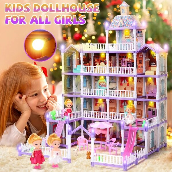 Doll House for Girls, 5-Story 19 Rooms Huge Dollhouse Playset with LED Lights, 2 Dolls, Furnitures, Accessories, DIY Pretend Play House Toys Gifts for Kids, Pink