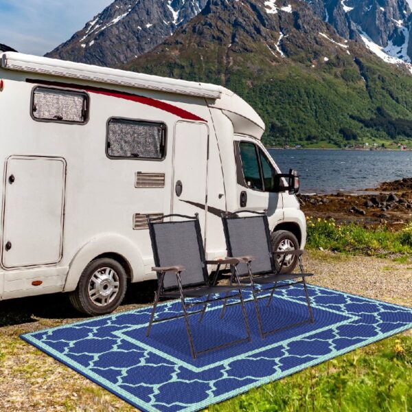 Outdoor Rugs Waterproof Plastic Straw Mat 6'x9' Reversible Patio Deck Beach Blue & White