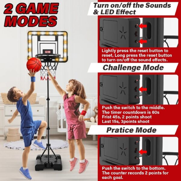 2-in-1 Kid Basketball Hoop with LED Lights & Scoreboard & 3 Balls, Toddler Basketball Hoop Adjustable Height 5.1ft-6.2ft, Basketball Toy Gifts for Boys & Girls