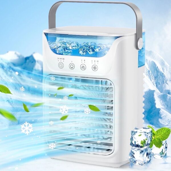 Portable Air Conditioners Fan, 4-IN-1 with 700ML Wide-Mouth Tank, 3 Speeds & 2 Mist Modes, 7-Color RGB Mood Light, Touch Control, 2-6H Timer, PU Handle, for Home, Office, Camping, Car,Yoga