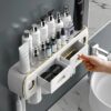 Magnetic Adsorption Inverted Toothbrush Holder Wall-Mounted Bathroom Storage Shelf Toothpaste Dispenser Bathroom Accessories (Green 2Cups)