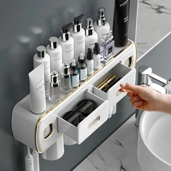 Magnetic Adsorption Inverted Toothbrush Holder Wall-Mounted Bathroom Storage Shelf Toothpaste Dispenser Bathroom Accessories (Green 2Cups)