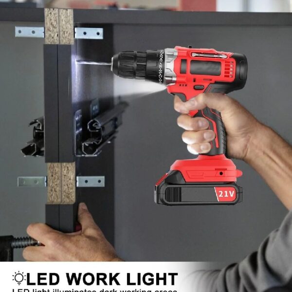 21V Cordless Drill Set, Electric Power Drill 34Pcs with 3/8 Inch Keyless Chuck, 25+3 Clutch Compact Driver Drill with Work Light, Max torque 45Nm, 2-Variable Speed & Battery and Fast Charger