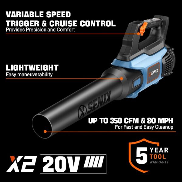 SENIX 20 Volt Max* Cordless Leaf Blower, Up to 350 CFM and 80 MPH, Variable Speed, Lightweight, (Tool Only) BLAX2-M-0