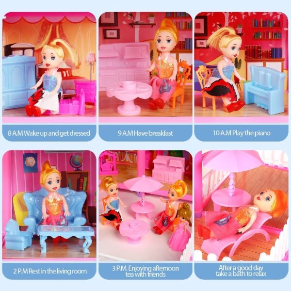 DollHouse with Colorful Light, Pretend Play Toddler Doll House Furniture Sets with 3 Dolls, 9 Rooms DIY , Creative Gift for Girls