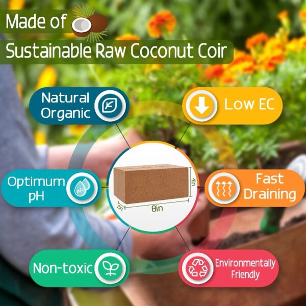 10lb of  100% Organic Coco Coir Bricks with Low EC and pH Balance High Expansion Coco Fiber for Herbs, Flowers,Plants Gardening Renewable Coconut Soil