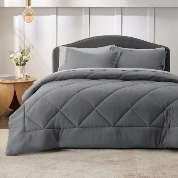 Light Purple Queen Comforter Set - 7 Pieces Reversible Queen Bed in a Bag, Queen Bed Set Light Purple and Grey with Comforters, Sheets, Pillowcases & Shams