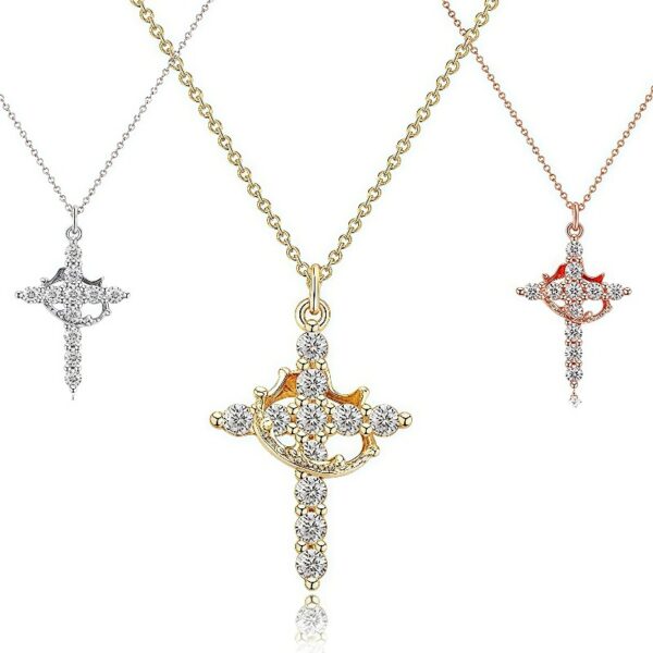 925 Sterling Silver Crown Cross Necklace for Women Teens, Dainty Cubic Zirconia Pendant Simple Faith Cross Jewelry Necklace