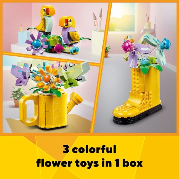 Creator 3 in 1 Flowers in Watering Can Building Toy Set - Fun, Creative Activity for Kids, Girls and Boys, Ages 8+ - Building Options for Rain Boots or Birds - Cute Birthday Gift Idea - 31149
