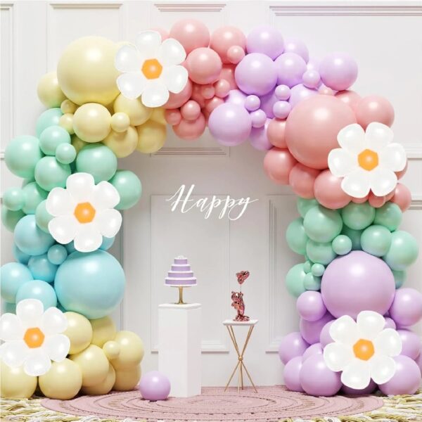 136Pcs Pastel Rainbow Balloon Arch Kit - Birthday Balloons, White Groovy Flower Macaron Pink Yellow Blue Purple Balloons for First Birthday Wedding Party Decorations