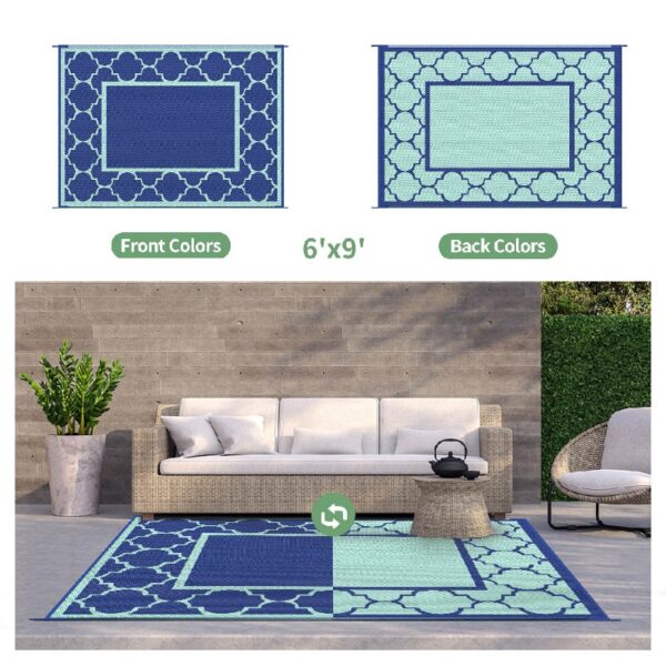Outdoor Rugs Waterproof Plastic Straw Mat 6'x9' Reversible Patio Deck Beach Blue & White