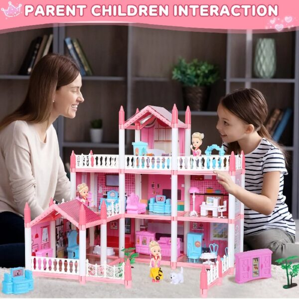 DollHouse with Colorful Light, Pretend Play Toddler Doll House Furniture Sets with 3 Dolls, 9 Rooms DIY , Creative Gift for Girls