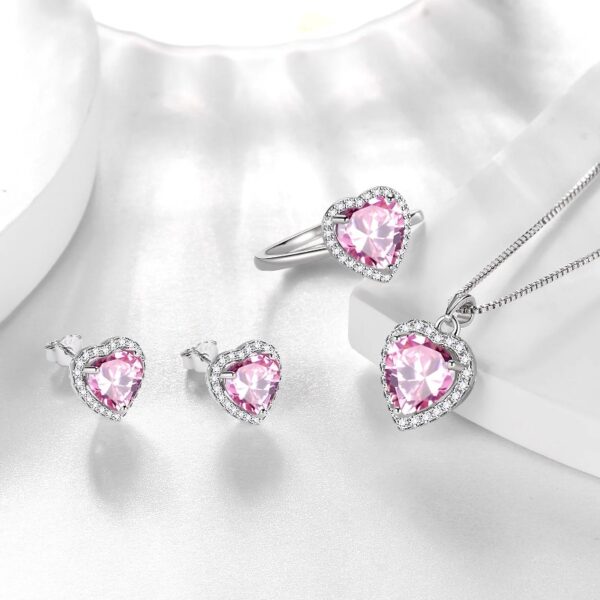 Women Heart Jewelry Set Necklace Earrings Ring 925 Sterling Silver February Birthstone Amethyst Wife Mother Birthday Valentine's Day Gift