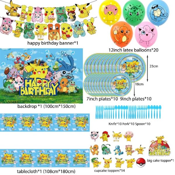 Birthday Party Decoration Pikachu Theme Party Decoration Party Decoration Set Party Decoration Supplies Balloons, Banner, Tablecover, Plates, Tableware