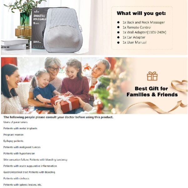 Boriwat Back and Neck Massager with Heat, 3D Deep Tissue Kneading, Shiatsu Back Massage Pillow for Mom Dad