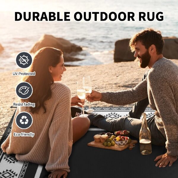 5x8 Feet Waterproof Outdoor Rug - Reversible Black & White Plastic Patio Mat, Non-Slip Durable Moroccan Geometric Design for Camping, RV, Balcony, Porch, Picnic
