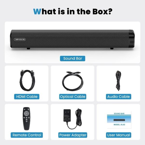 Sound Bar for TV, Soundbar with Subwoofer, Wired & Wireless Bluetooth 5.0 3D Surround Speakers, Optical/AUX/RCA/USB Connection, Wall Mountable, Remote Control