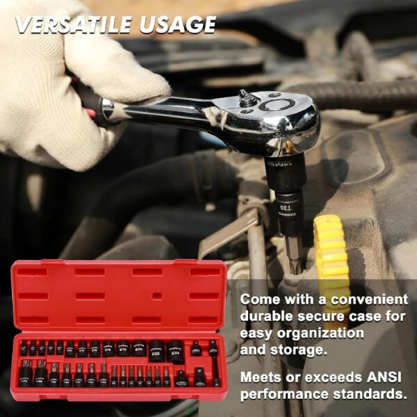 32-Piece Torx Bit Socket and Female External Socket Set, 14 Star Bits (T8- T70) and 13 Female E-Torx Sockets (E4-E24), Include 5 Impact Socket Adapter