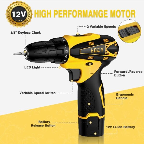 Cordless Drill Set, 12V Power Drill Set Electric Screwdriver Driver Tool Kit for Women, 3/8