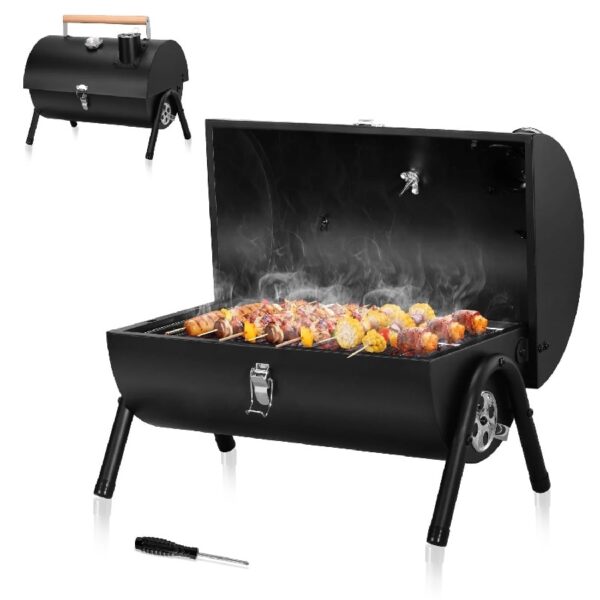 Tabletop Charcoal Grill with Thermometer & Chimney, Small Portable Barbecue Grill for Outdoor Cooking Camping Picnic Backyard Beach - Black