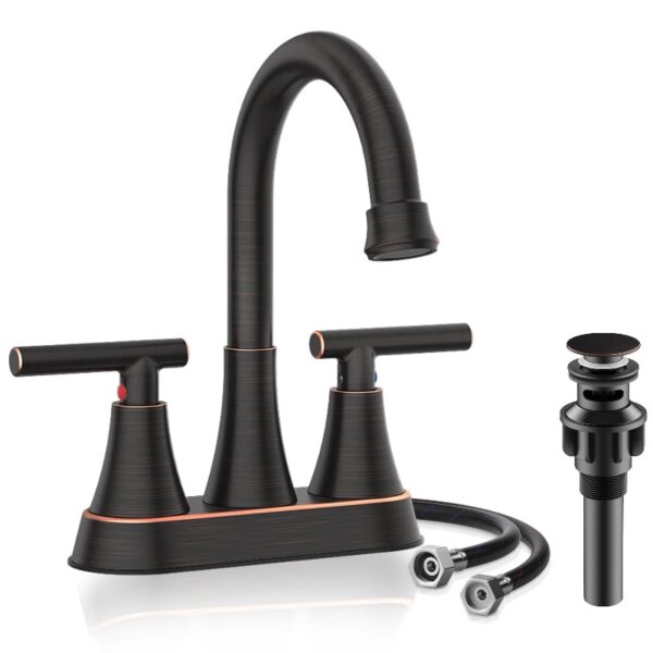 Bathroom Faucets 4 Inch Matte Black Bathroom Sink Faucet, Stainless Steel Lead-Free 2-Handle Centerset Faucet with Pop-up Drain and 2 Supply Hoses Fits 2 or 3-hole Sink