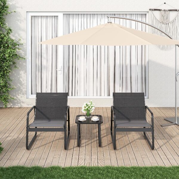3-Piece Outdoor Bistro Set, Black Metal Frame Glass Top Table and 2 Chairs for Patio, Balcony, Deck - Black