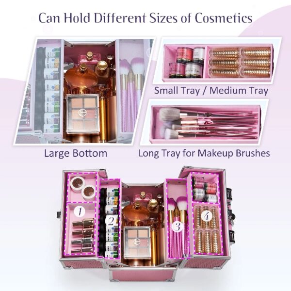 4 Trays Makeup Train Case Cosmetic Storage with Dividers Lockable Jewelry Makeup Box Organizer Pink