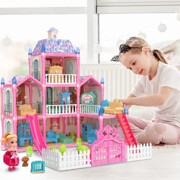 Girls Dollhouse with Slide, Pink, 16.7''