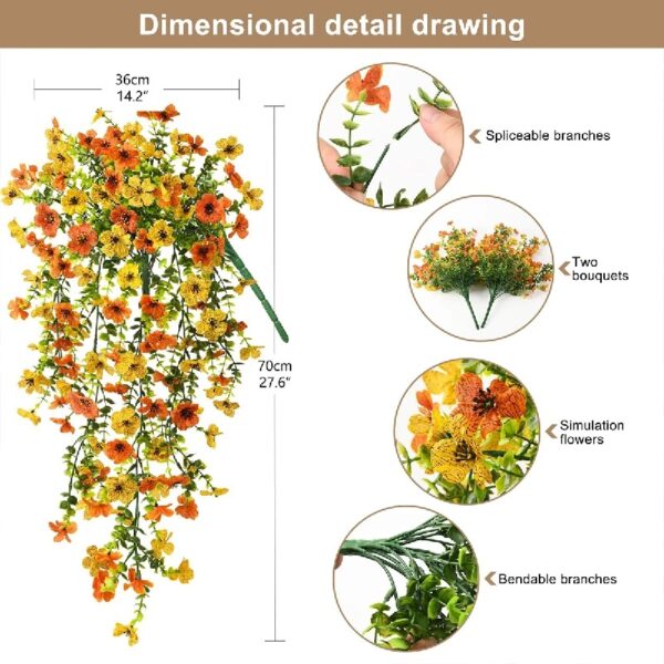 4PCS Artificial Flowers outdoor Spring Summer Decor Fake Hanging Plants UV Resistant Faux Plastic Greenery Hanging Flowers for Outside Gardens Porch Wall Home Indoor,ORANGE&YELLOW