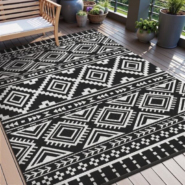 Outdoor Rug Carpet 6'x9' Waterproof Reversible Patio Rug Portable Modern Abstract Indoor Outdoor Rug Plastic Straw Rug for RV Camping Garden Picnic Deck Backyard Porch Decor Gray and White