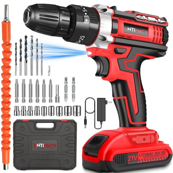 21V Cordless Power Drill Set, Power Drill Driver Kit with Lithium-Ion Battery and Charger, 3/8-Inch Keyless Chuck, 2 Variable Speed, 25+3 Position and 31pcs Drill/Driver Bits, Red
