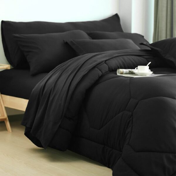 8 PCS Modern Comforter Set with Sheets All Season Bed in a Bag, Black, Queen Size