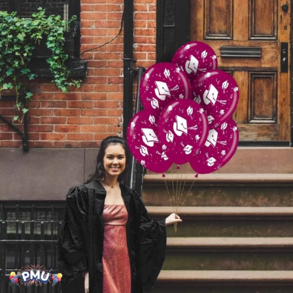 PMU Graduation Balloons 11 Inch PartyTex Premium Emerald Green with All-Over Print White Grad Caps-Confetti and Streamers Pkg/100