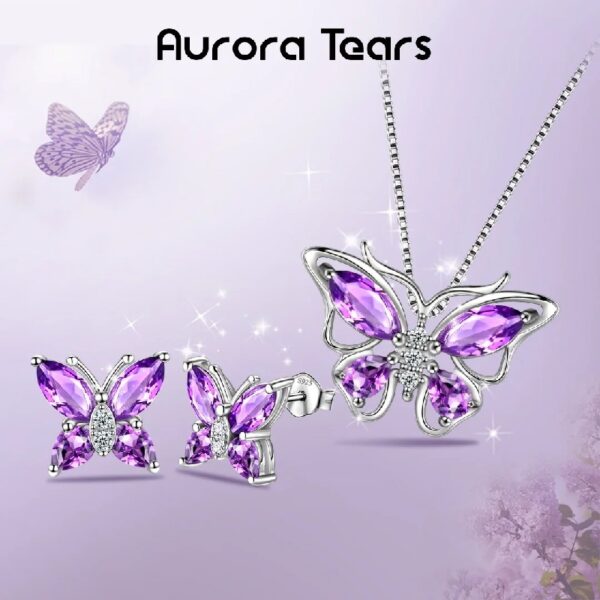 Purple Butterfly Jewelry Amethyst February Birthstone Jewelry Set Fine Necklace/Earrings 925 Sterling Silver Women Birthday Mother's Day Gifts