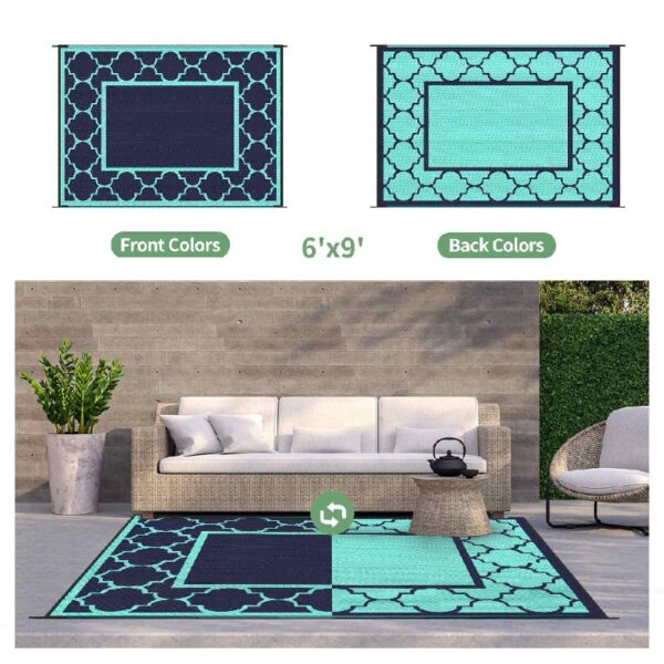 Outdoor Rugs Waterproof Plastic Straw Mat 6'x9' Reversible Patio Deck Beach Blue & White