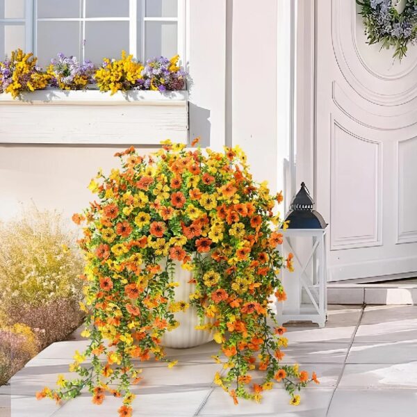 4PCS Artificial Flowers outdoor Spring Summer Decor Fake Hanging Plants UV Resistant Faux Plastic Greenery Hanging Flowers for Outside Gardens Porch Wall Home Indoor,ORANGE&YELLOW