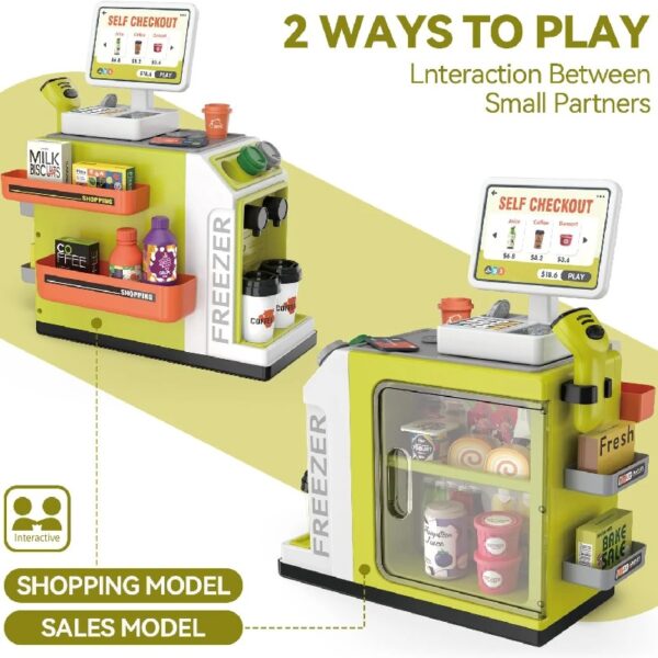 46PCS Upgraded Cash Register Playset for Kids, Cashier Register Toy, Kids Pretend Play Cash Register Toys with Scanner, Shopping Cart, Calculator, Play Food, Toys for Girls 3 6 Years-Green