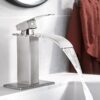 Brushed Nickel Waterfall Bathroom Faucet Lavatory Single Handle 1 or 3 Hole Bathroom Sink Faucet Washbasin Faucet with Deck and Pop-up Drain